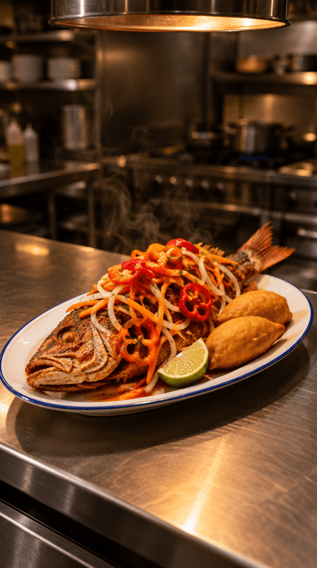 Style frame: whole fried escovitch snapper with pickled peppers and carrot, festival, and lime on a kitchen pass