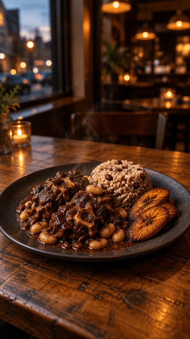 Style frame: braised oxtail with butter beans, rice and peas, and sweet plantain on a table by a window at dusk