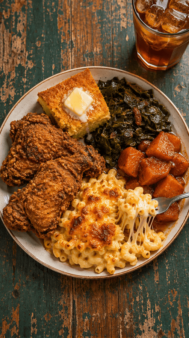 Style frame: top-down soul plate with fried chicken, mac and cheese pull, collard greens, candied yams, and cornbread