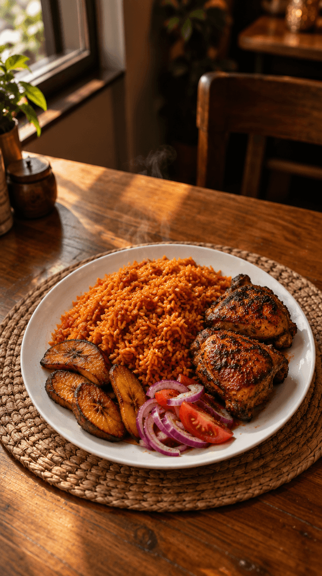 Style frame: jollof rice with grilled chicken thighs, fried plantain, onion and tomato on a raffia placemat