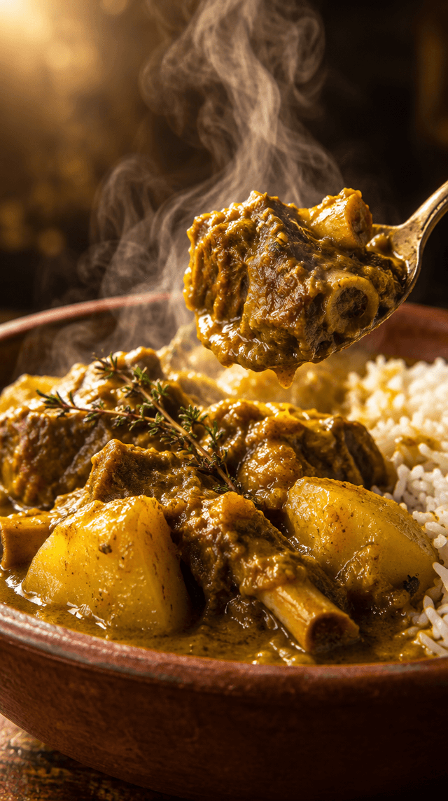 Style frame: a spoon lifting curry goat from an earthenware bowl with rice, steam rising
