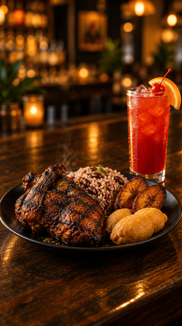 Style frame: jerk chicken with rice and peas, plantain, and festival beside a glass of rum punch on a bar counter